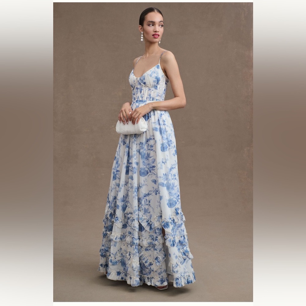 V. Chapman Carmen Corset Front Slit Ruffled Gown